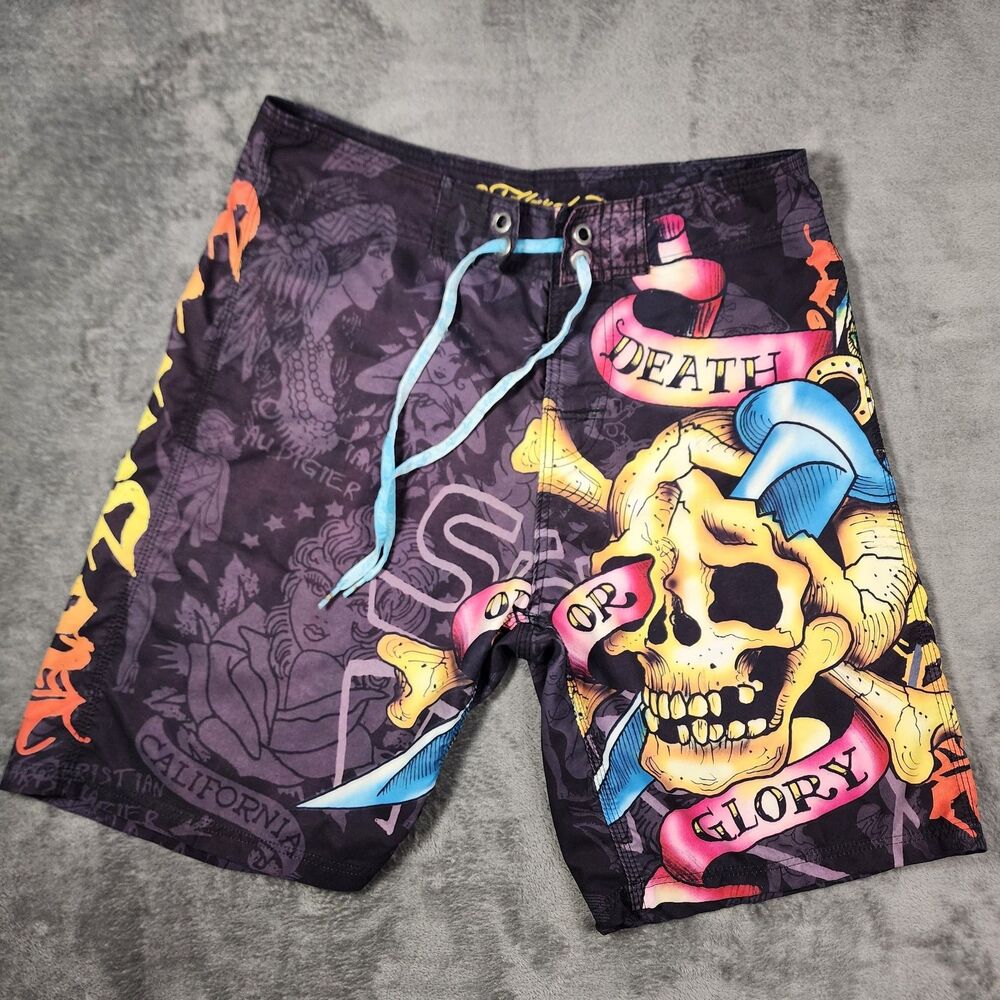 Ed Hardy Men's 34 Death or Glory Skull Surf or Die Tattoo Print Board Shorts Y2K